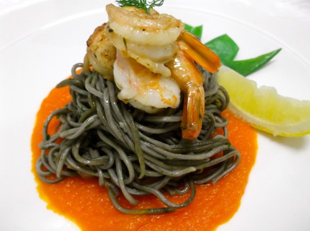 Squid ink Fettuccine with Cajun Prawn