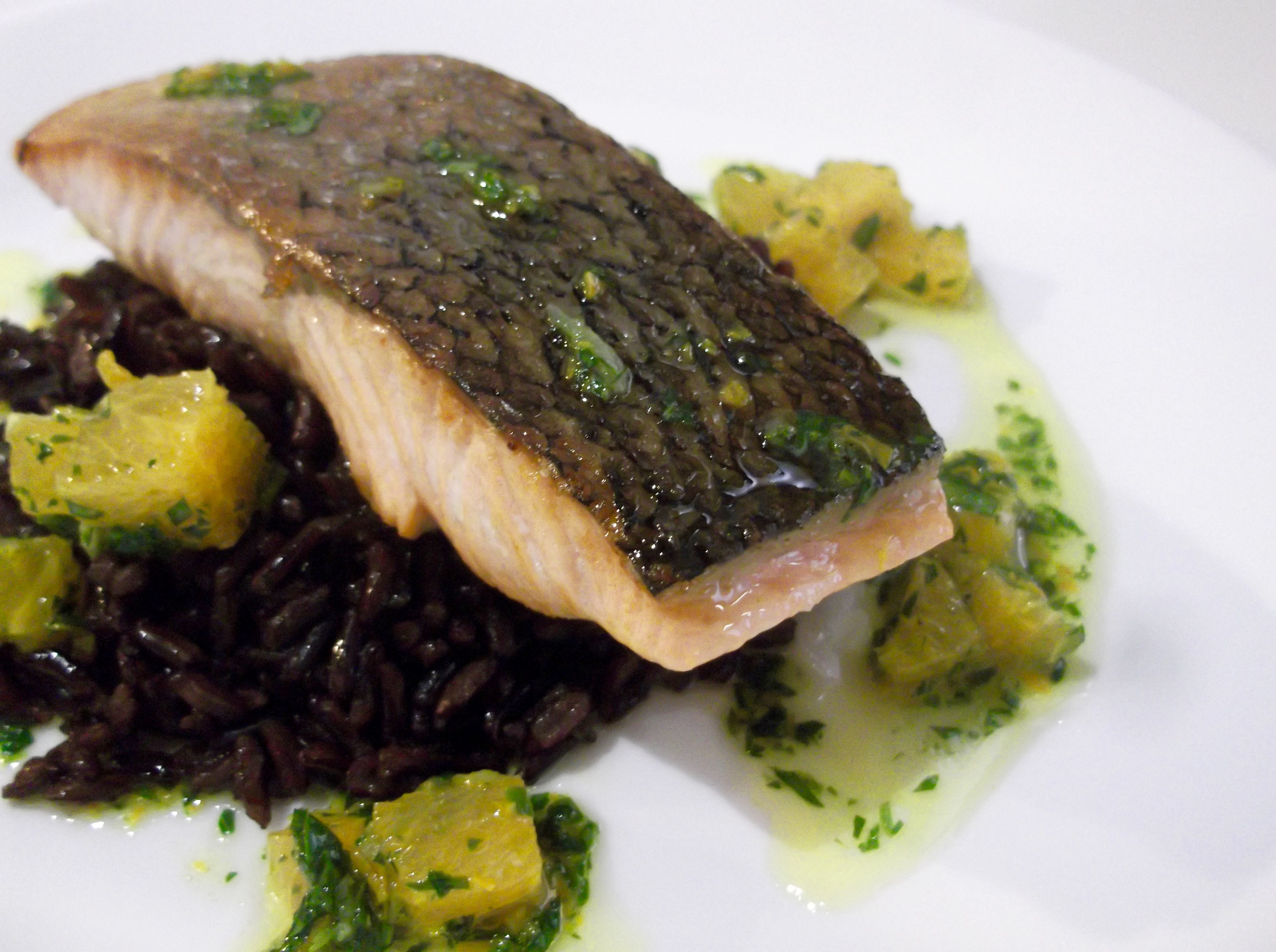 Crispy Skin Salmon with Black Rice and Orange Gremolata