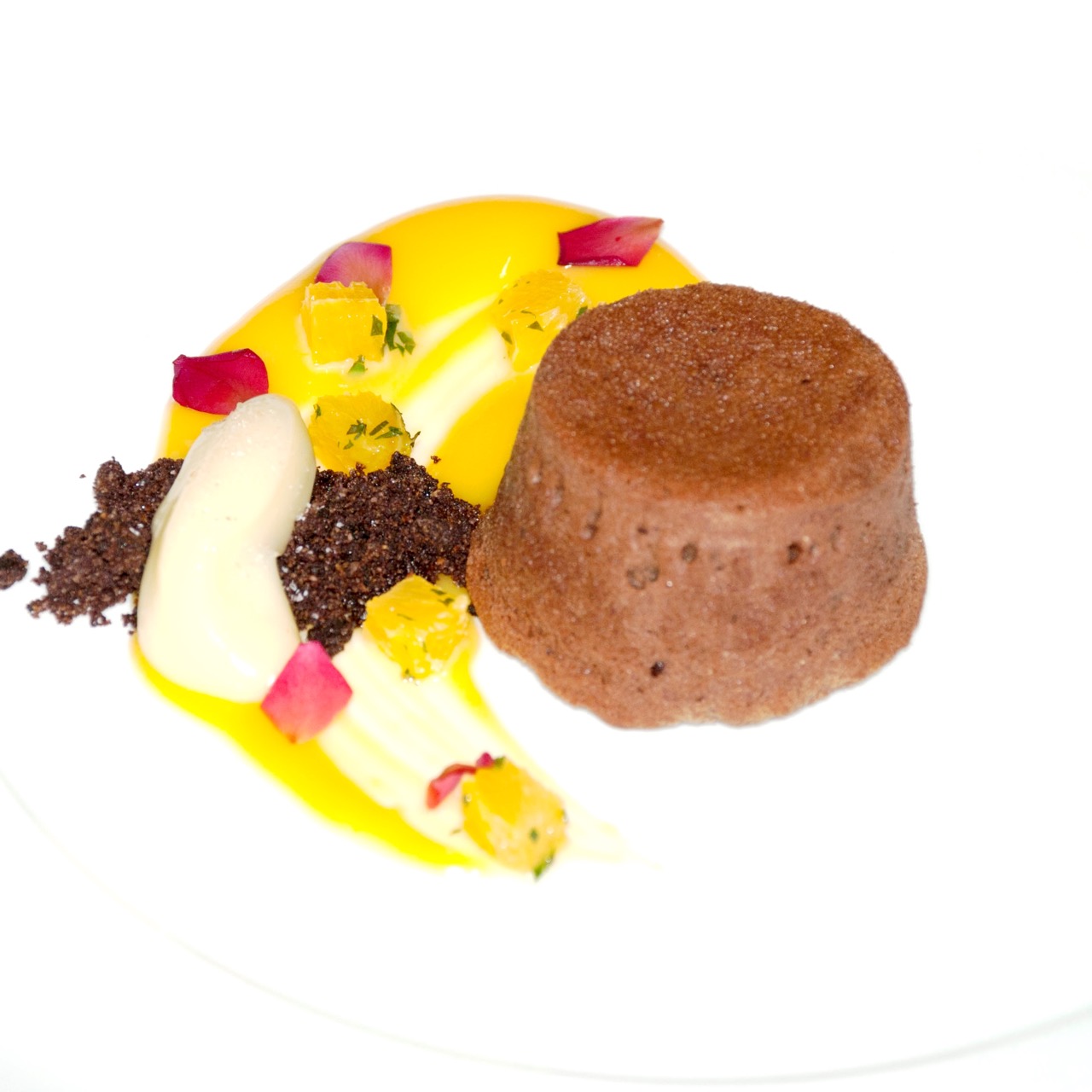 Dark Chocolate Fondant, Orange Curd, Orange Salsa and Soil (1)